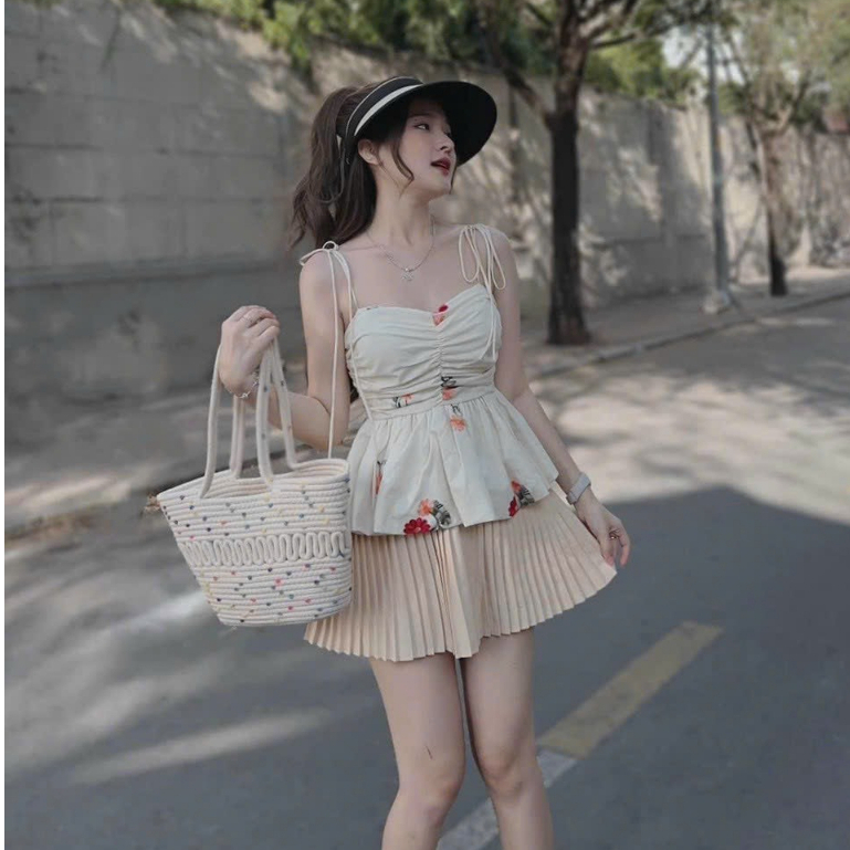 Set Bộ Đồ Nữ,Sét Chân Váy Xoè Dập Ly Mix Áob 2 Dây Dập Hoa Chạy Mooking Sau Tiểu Thư Dạo Phố Sang Chang Thời Trang  MJP