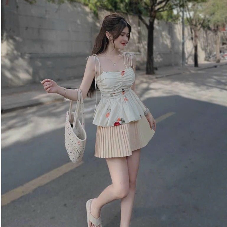 Set Bộ Đồ Nữ,Sét Chân Váy Xoè Dập Ly Mix Áob 2 Dây Dập Hoa Chạy Mooking Sau Tiểu Thư Dạo Phố Sang Chang Thời Trang  MJP