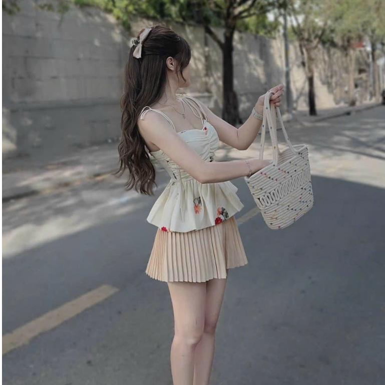 Set Bộ Đồ Nữ,Sét Chân Váy Xoè Dập Ly Mix Áob 2 Dây Dập Hoa Chạy Mooking Sau Tiểu Thư Dạo Phố Sang Chang Thời Trang  MJP