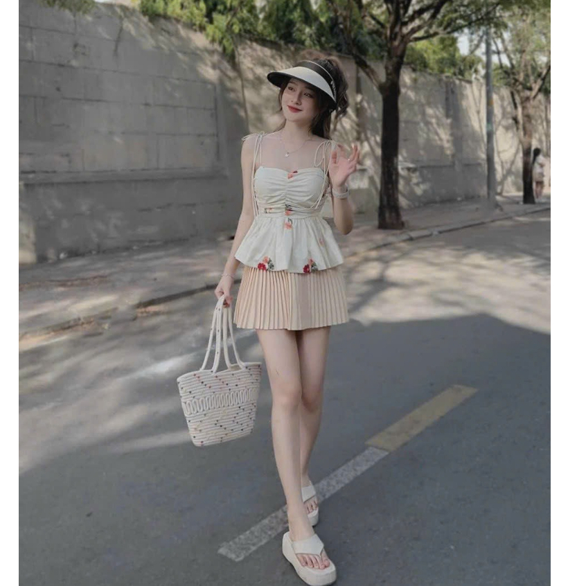 Set Bộ Đồ Nữ,Sét Chân Váy Xoè Dập Ly Mix Áob 2 Dây Dập Hoa Chạy Mooking Sau Tiểu Thư Dạo Phố Sang Chang Thời Trang  MJP