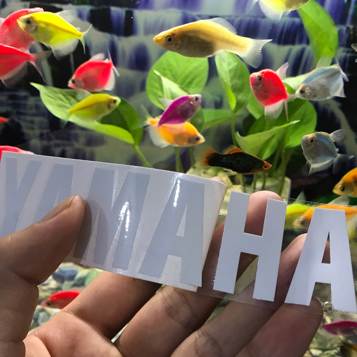 Tem Logo Yamaha Trắng lột màng cao cấp , Yamaha dán phuộc , dán xe , nón ...vv