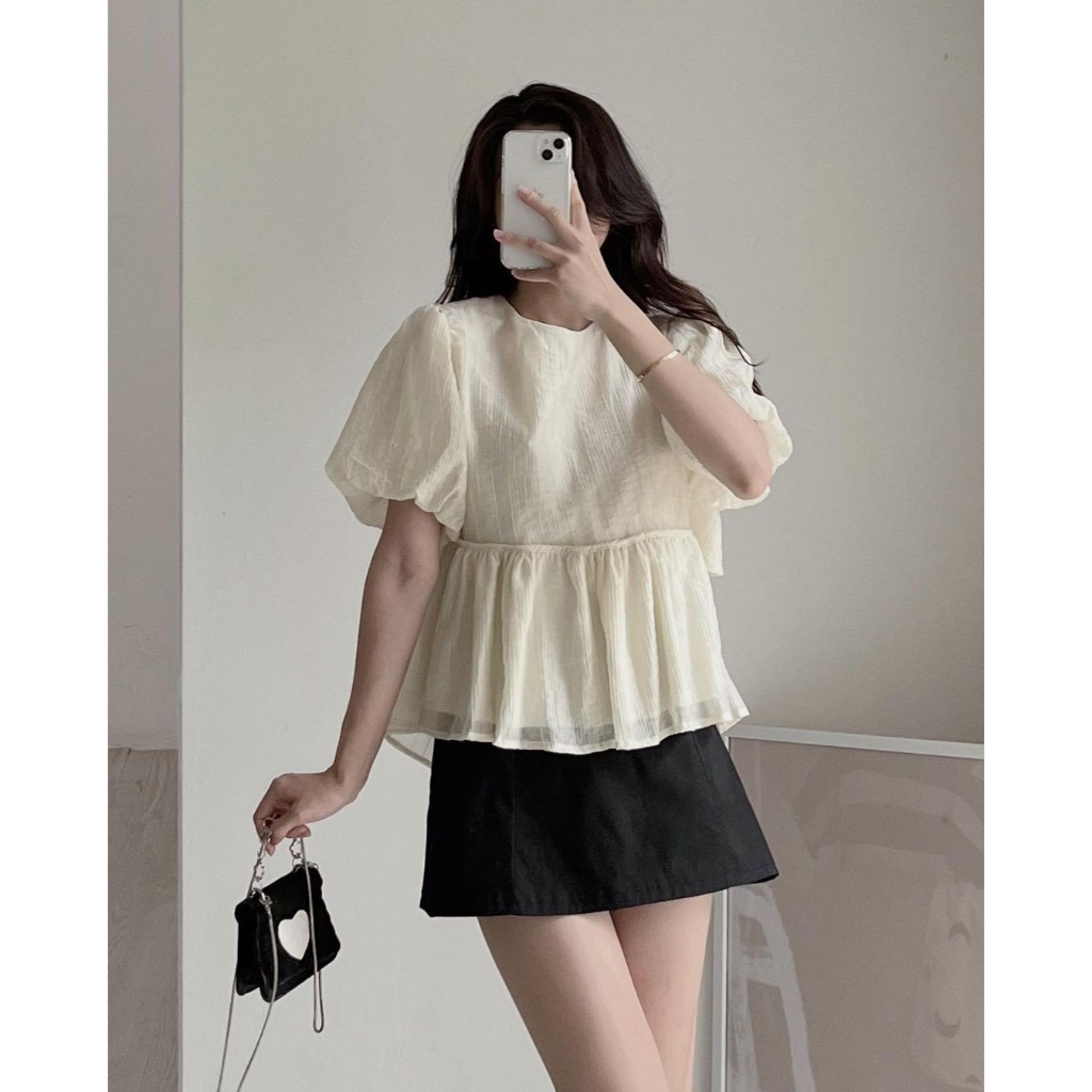 [SẴN] ÁO SƠ MI BABYDOLL TAY BỒNG CHẤT ĐŨI NHĂN 2 LỚP BO EO VẠT LƯNG