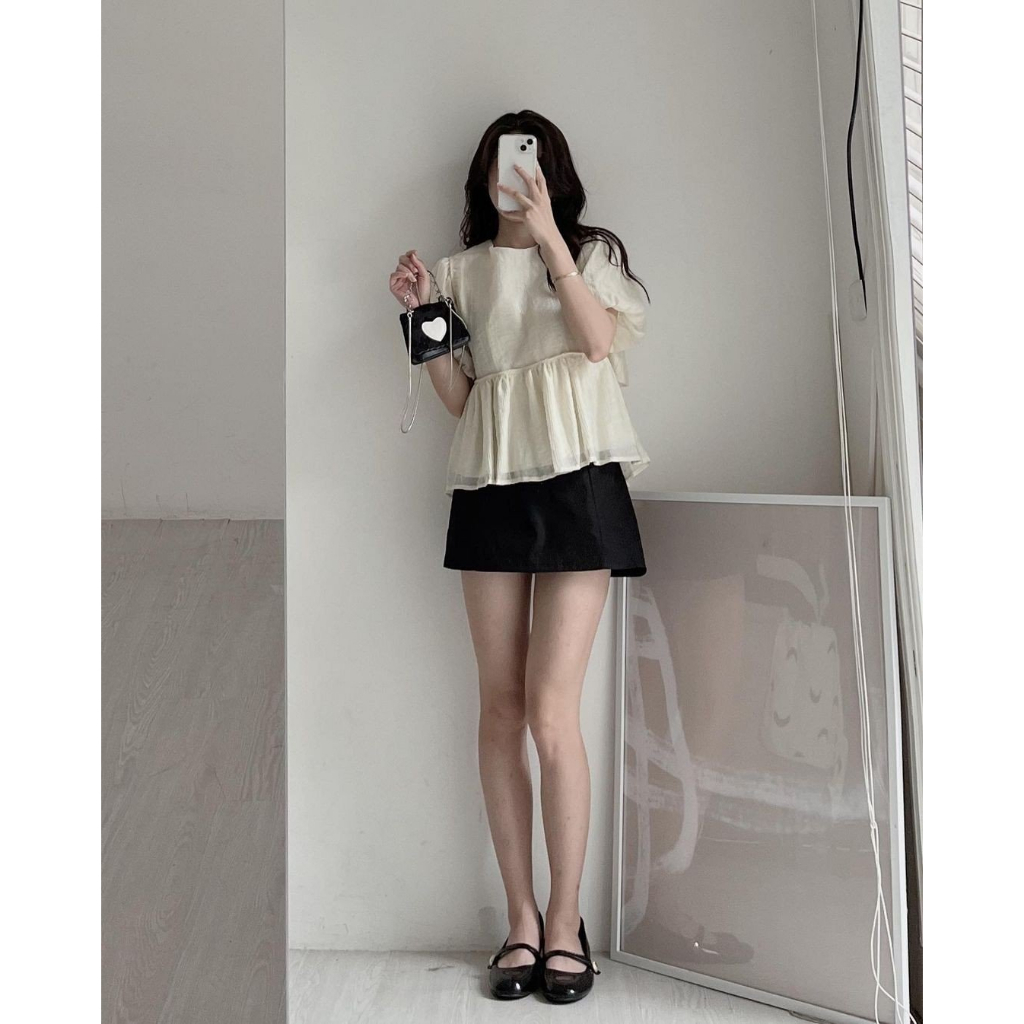 [SẴN] ÁO SƠ MI BABYDOLL TAY BỒNG CHẤT ĐŨI NHĂN 2 LỚP BO EO VẠT LƯNG