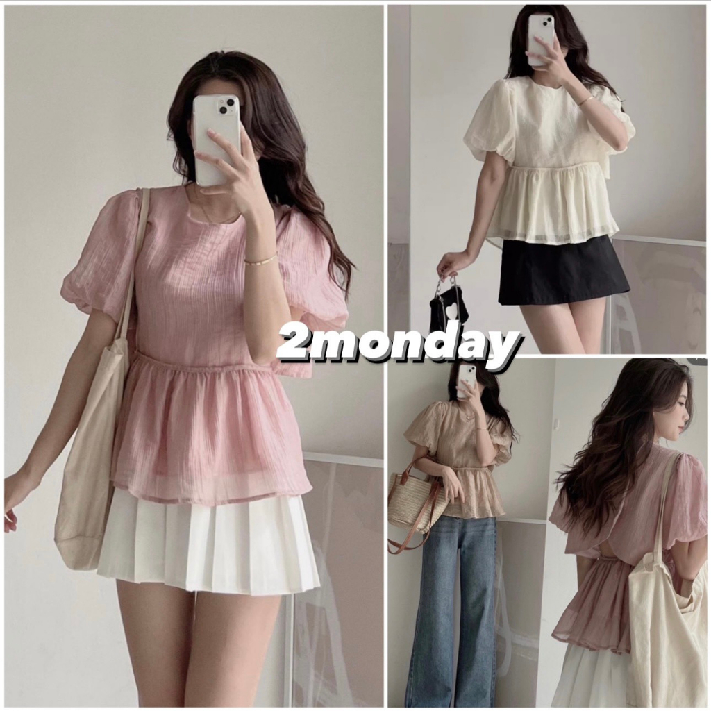 [SẴN] ÁO SƠ MI BABYDOLL TAY BỒNG CHẤT ĐŨI NHĂN 2 LỚP BO EO VẠT LƯNG