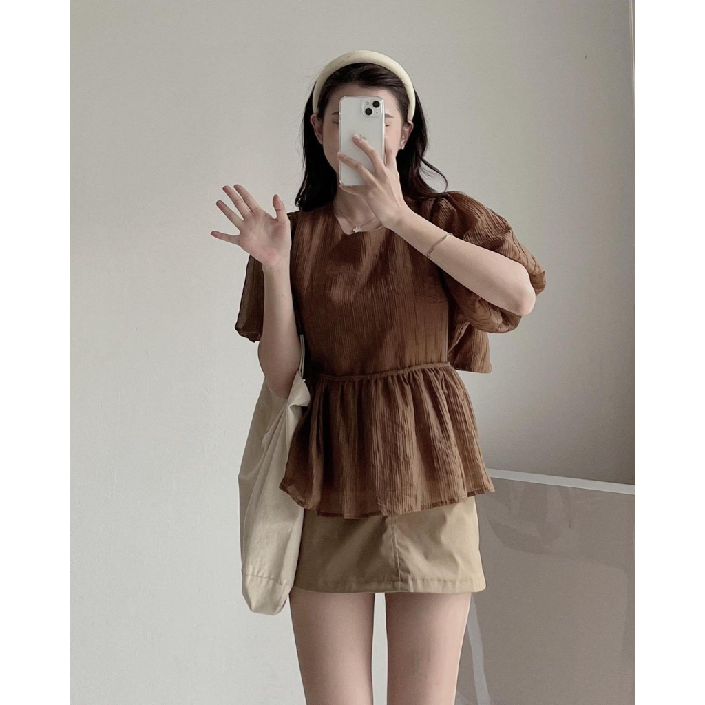 [SẴN] ÁO SƠ MI BABYDOLL TAY BỒNG CHẤT ĐŨI NHĂN 2 LỚP BO EO VẠT LƯNG