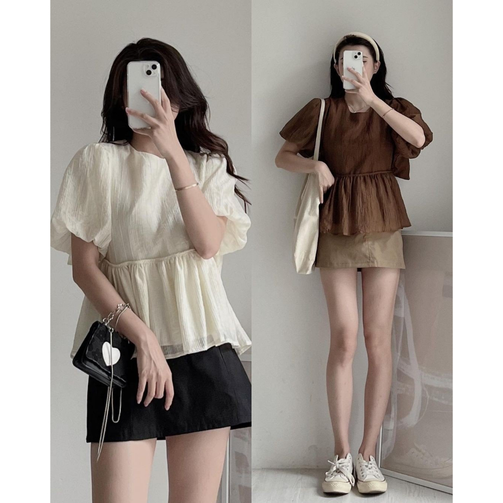 [SẴN] ÁO SƠ MI BABYDOLL TAY BỒNG CHẤT ĐŨI NHĂN 2 LỚP BO EO VẠT LƯNG