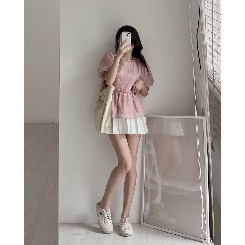 [SẴN] ÁO SƠ MI BABYDOLL TAY BỒNG CHẤT ĐŨI NHĂN 2 LỚP BO EO VẠT LƯNG