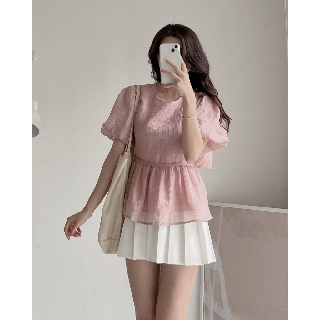 [SẴN] ÁO SƠ MI BABYDOLL TAY BỒNG CHẤT ĐŨI NHĂN 2 LỚP BO EO VẠT LƯNG