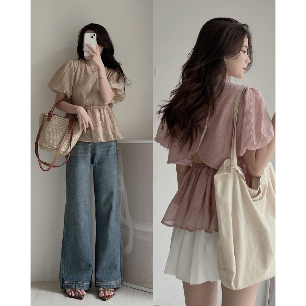 [SẴN] ÁO SƠ MI BABYDOLL TAY BỒNG CHẤT ĐŨI NHĂN 2 LỚP BO EO VẠT LƯNG