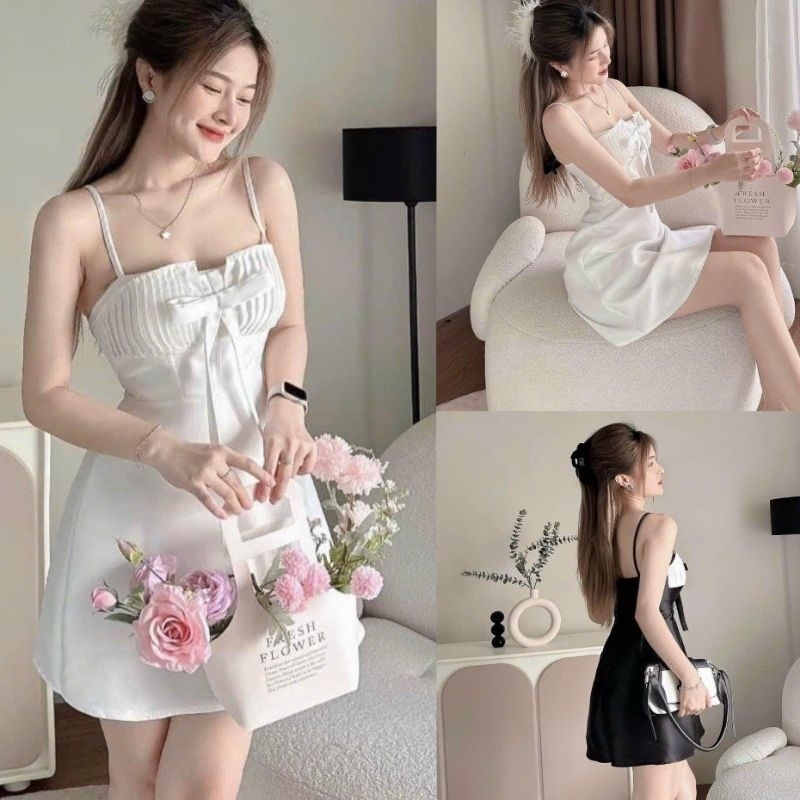 đầm váy nữ dự tiệc đám cưới hai dây dáng xòe cúp ngực đính nơ thời trang nữ stclothing 175