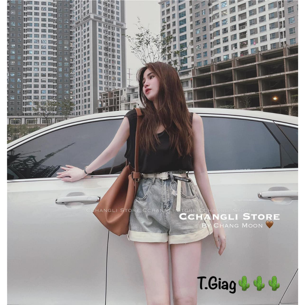 Quần sooc jeans cạp chun vấn gấu kèm đai (kèm ảnh thật và video)