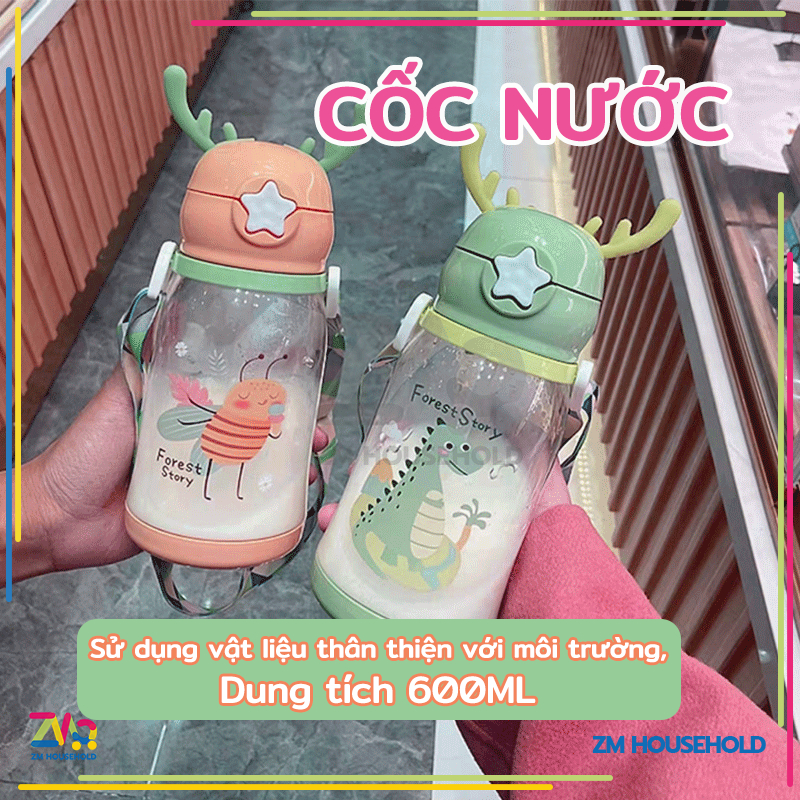 Bình nước học sinh,Bình nước ống hút trẻ em 600ml thiết kế gạc hươu dễ thương,Bình tập uống,bình nước cute