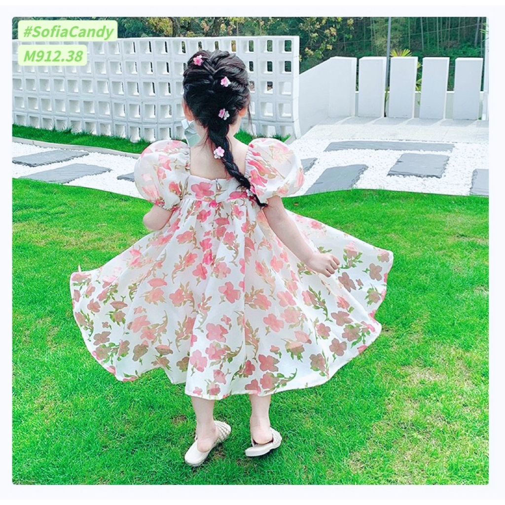 Đầm váy công chúa cho bé gái tay phồng chất liệu voan họa tiết hoa size từ 1-10 tuổi ( 12-30kg)