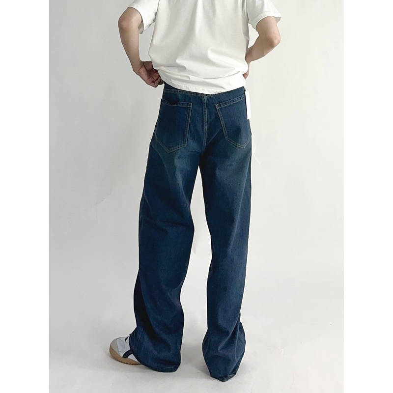 Quần jeans ống rộng trơn nam nữ màu xanh 1021