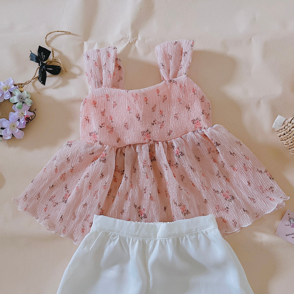 Bộ quần áo cho bé gái set bộ đi biển đi chơi thiết kế lụa tơ cao cấp 2 lớp cho bé gái từ 8-38kg