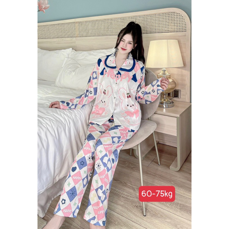 Bộ Lụa Xước Bigsize50-75kg hàng sẵn Dài tay cổ sen hình đấng yêu , cao cấp PT HOUSE