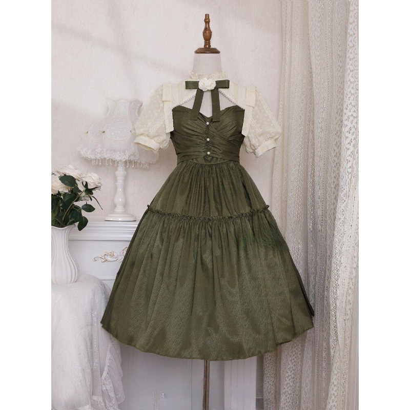 VÁY DỰ TIỆC, VÁY LOLITA XANH RÊU PHỐI KÈM NƠ HOA