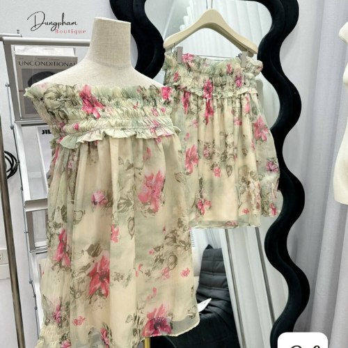 Áo hoa trễ vai hoa tơ hàng Quảng Châu - Dungpham Boutique