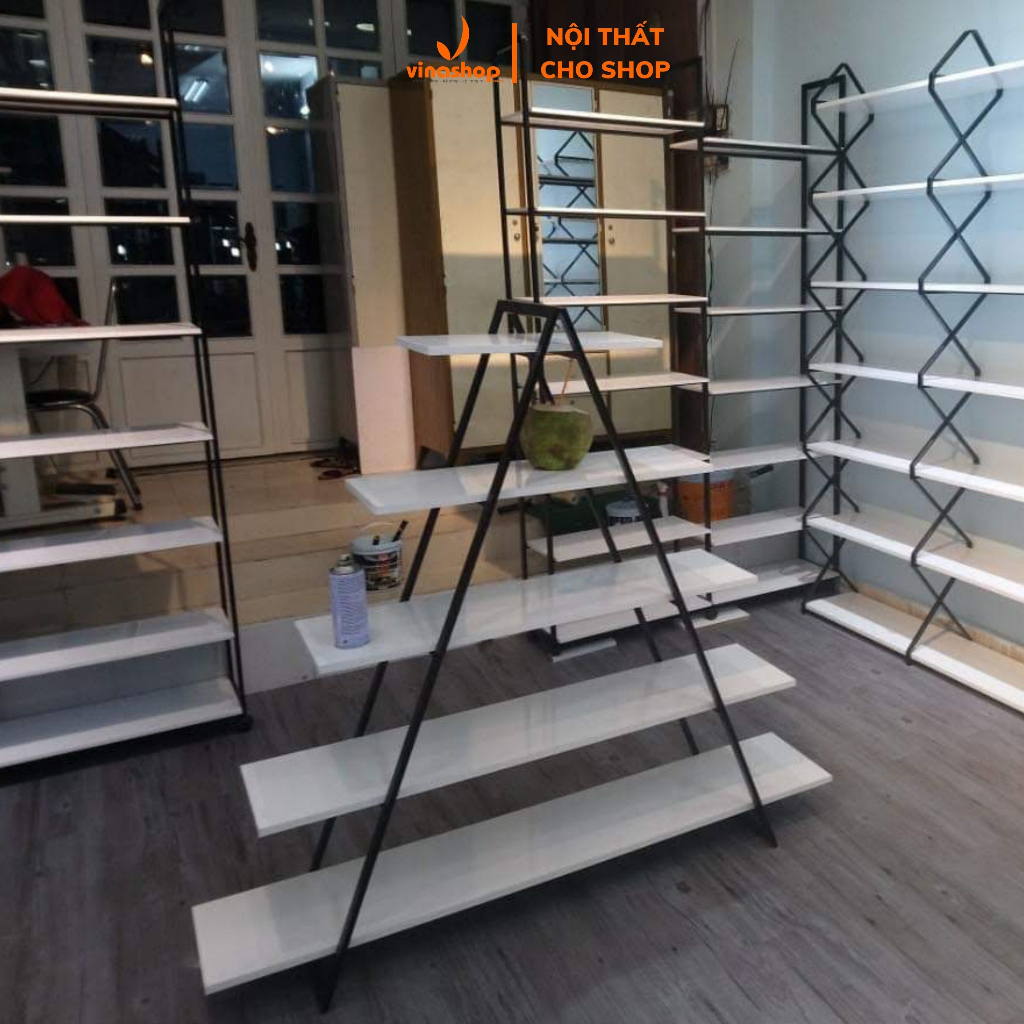 [Kho sào kệ shop ] Kệ khung sắt trưng bày shop mỹ phẩm, giày dép, nón, túi xách. Kệ chữ A khung sắt, mặt ván gỗ. VNS-029
