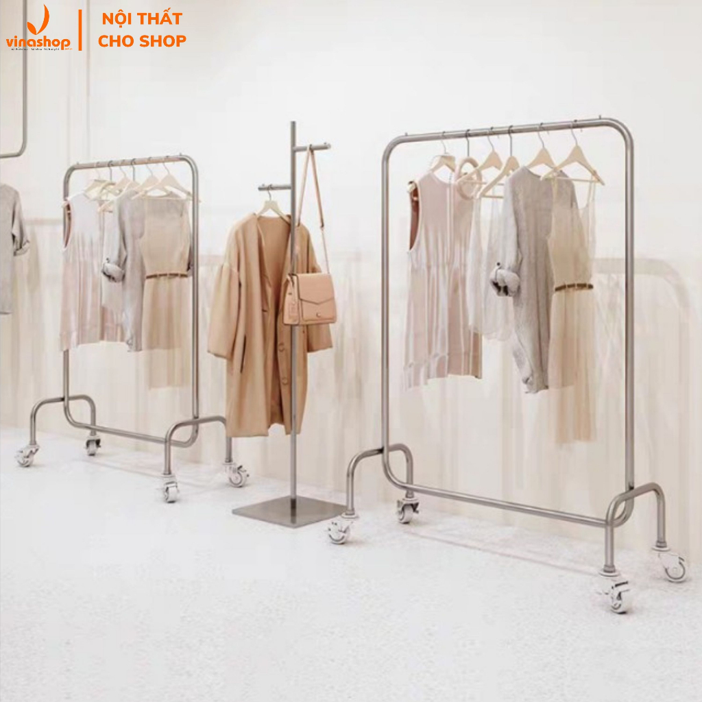 Sào, giá treo quần áo inox 304 không ri sét cao 1m5, có bánh xe. Xào inox chân chữ U VNS-031