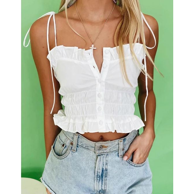 Áo croptop hai dây nút cài màu trắng HAC145 Hỉn Hỉn Store