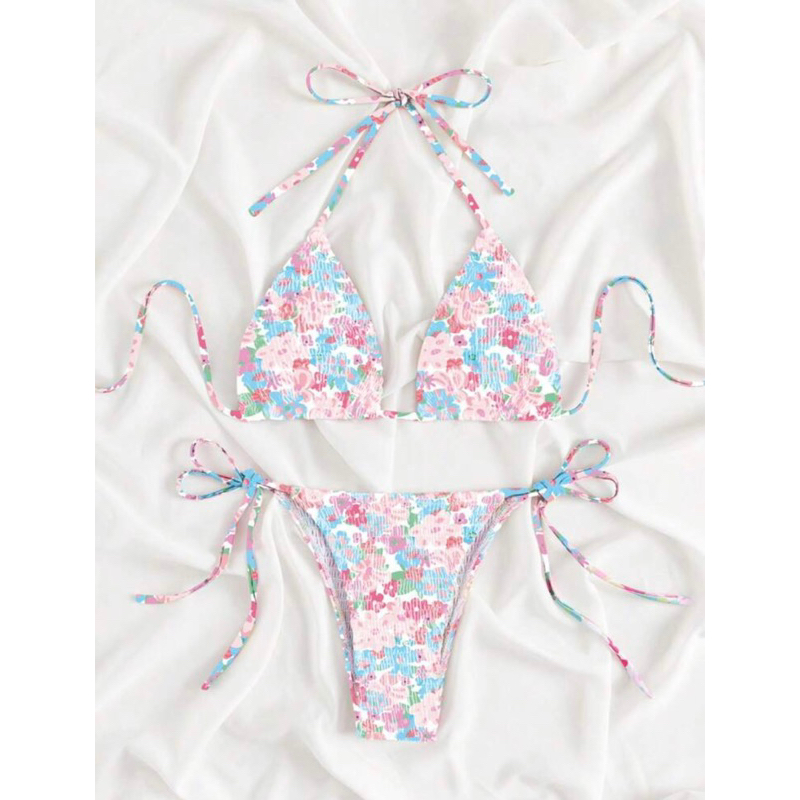 Bộ Bikini Nữ Thắt nút Thêu Smock Hoa( màu đậm hơn hình)