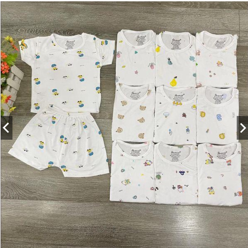 Bộ quần áo cộc tay avaslew cài vai peptit trắng họa tiết, bộ cộc tay cho bé sơ sinh