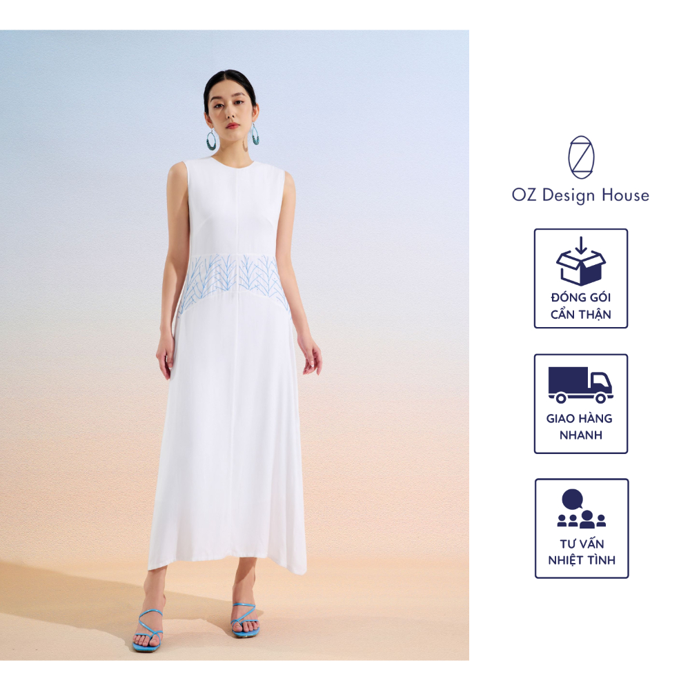 Đầm maxi OZ Design House DA01197RST23 thô lụa hai lớp thêu trang trí màu trắng