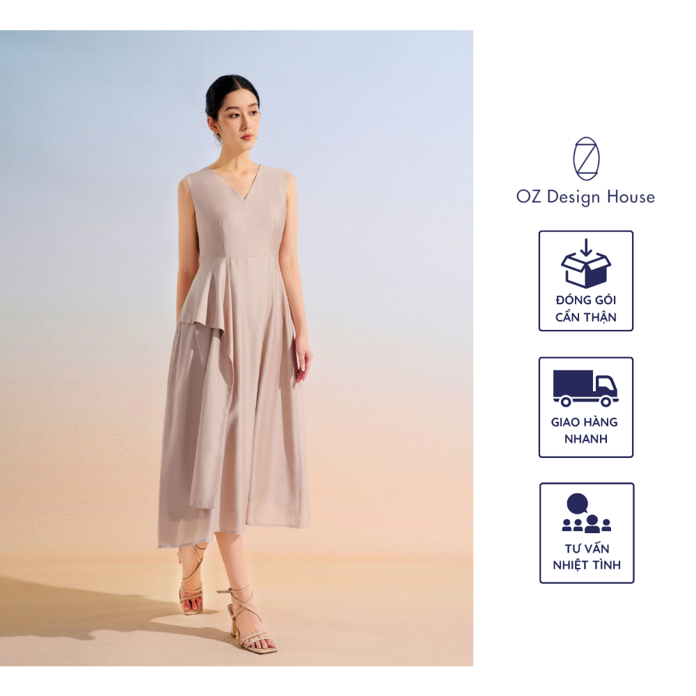 Đầm nữ OZ Design House DA37432SUM23 thô lụa cổ im chiết eo vạt lệch màu be