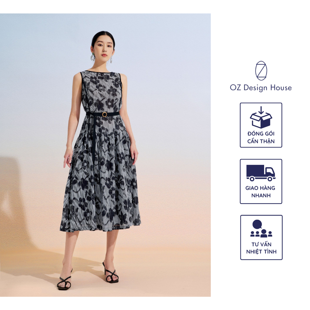 Đầm nữ OZ Design House DA10442RST23 cotton cổ thuyền tùng dưới nhún kẻ đen trắng in hoa