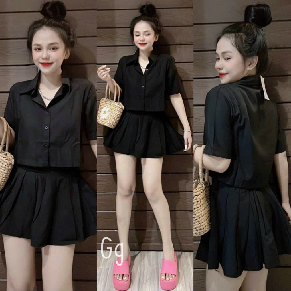 SET ÁO SƠ MI CROPTOP KÈM CHÂN VÁY XÒE CHẤT VẢI LỤA MỀM MÁT BAO KIỂM TRA-GHTT💯
