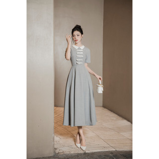BABIES DRESS - váy kiểu dài màu ghi xám phối nơ trắng thanh lịch, nhẹ nhàng tiểu thư by Cherine