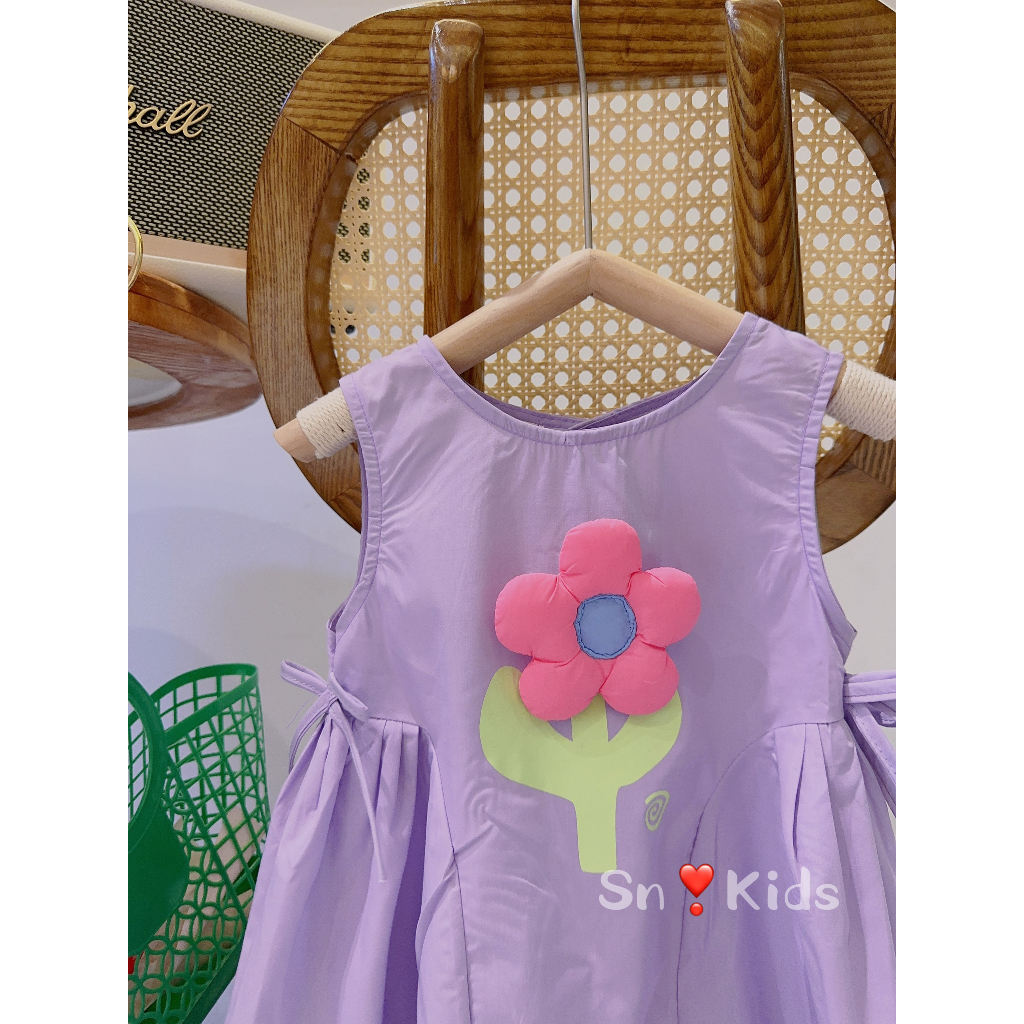 Váy bé gái - Đầm babydoll sát nách gắn hoa nổi siêu xinh cho bé gái