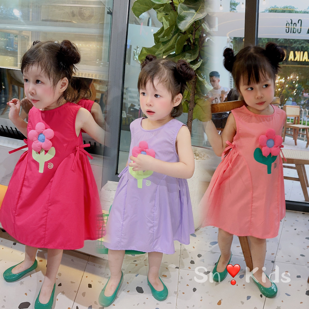 Váy bé gái - Đầm babydoll sát nách gắn hoa nổi siêu xinh cho bé gái