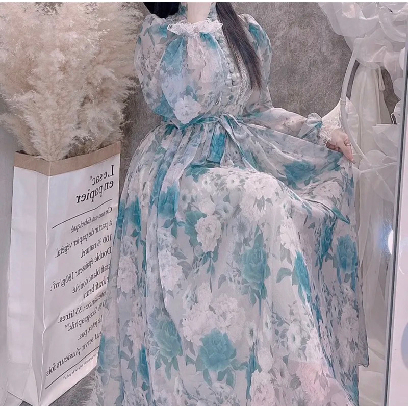 Váy hoa tơ tiểu thư quý tộc pha ren cúc bọc dáng maxi