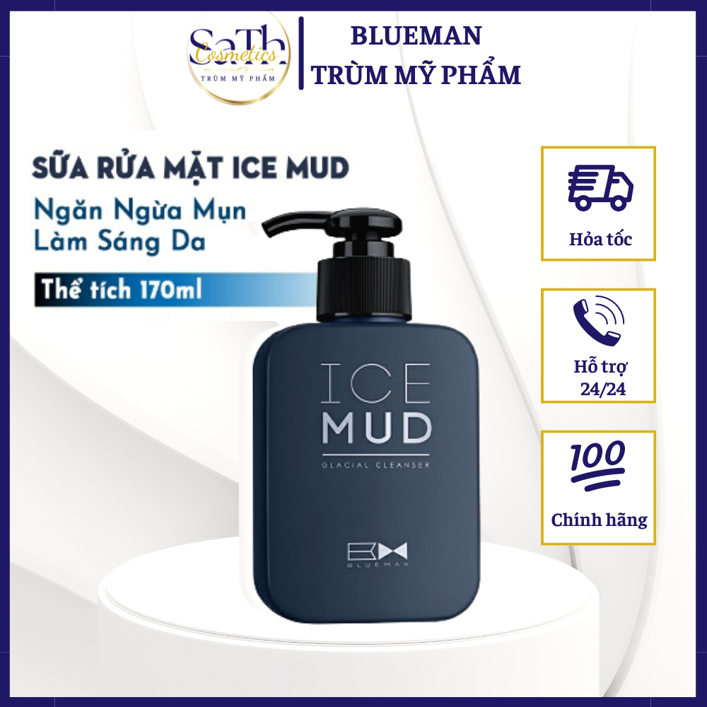 Sữa rửa mặt nam Ice Mud Blueman tạo bọt dịu nhẹ kiểm soát dầu và làm sạch sâu 170ml