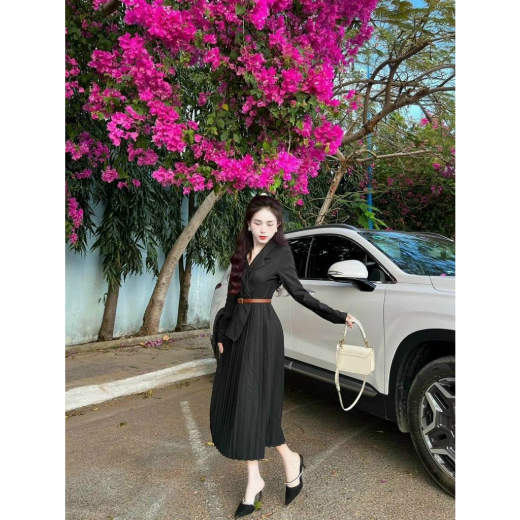 Chân váy xòe dập ly và áo vest tay dài cài nút kèm dây đai hai màu đầm trắng đen thanh lịch thời trang nữ VESTA