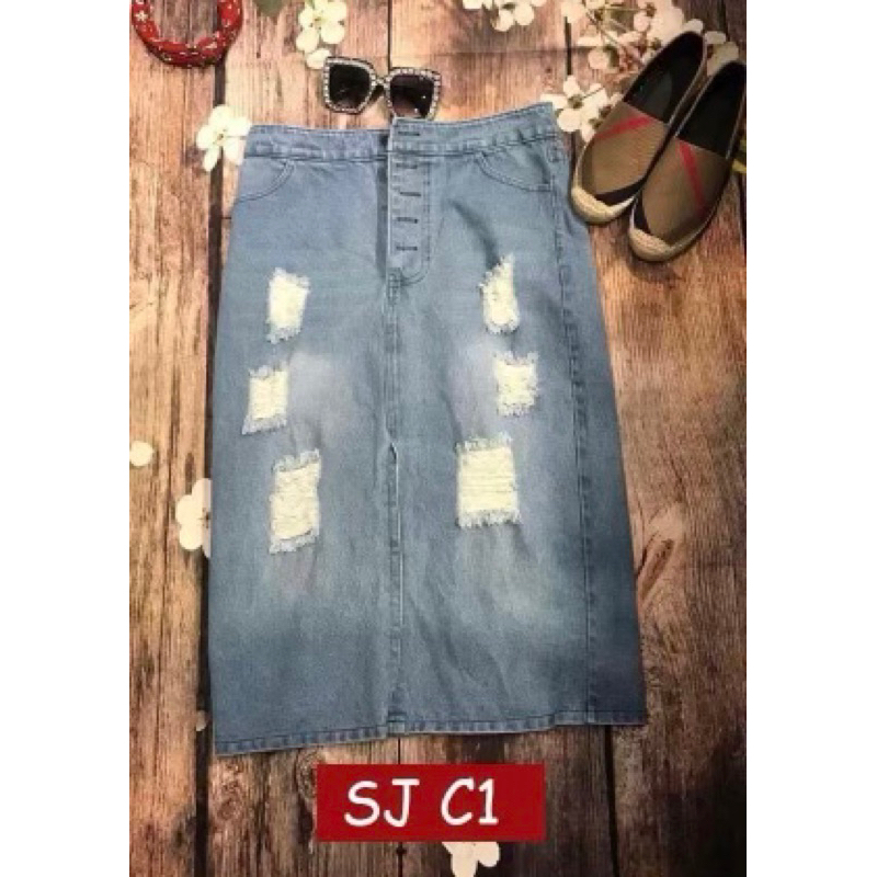 Chân váy bò dáng dài - chân váy jean nữ có xẻ tà Ancava