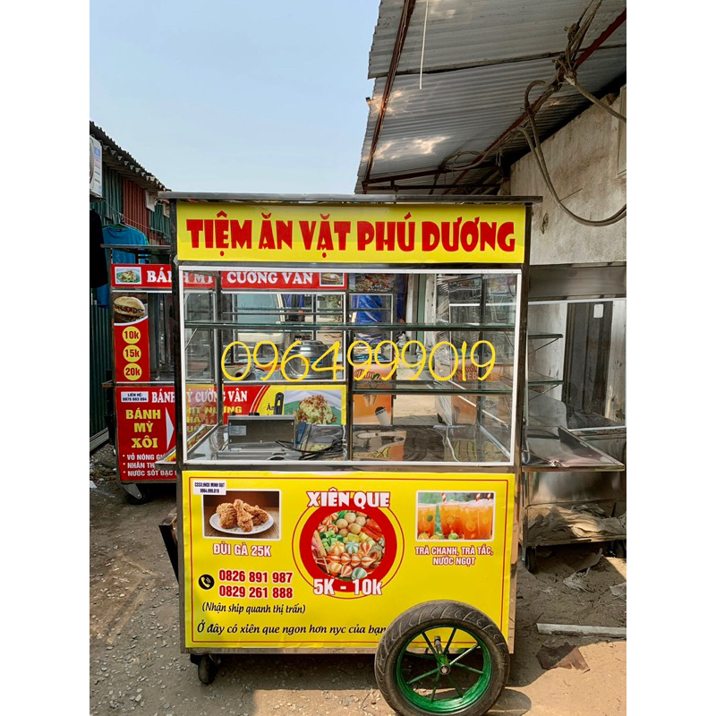Xe bán hàng 1M2 có cần kéo- bánh xe to kèm bếp chiên đơn