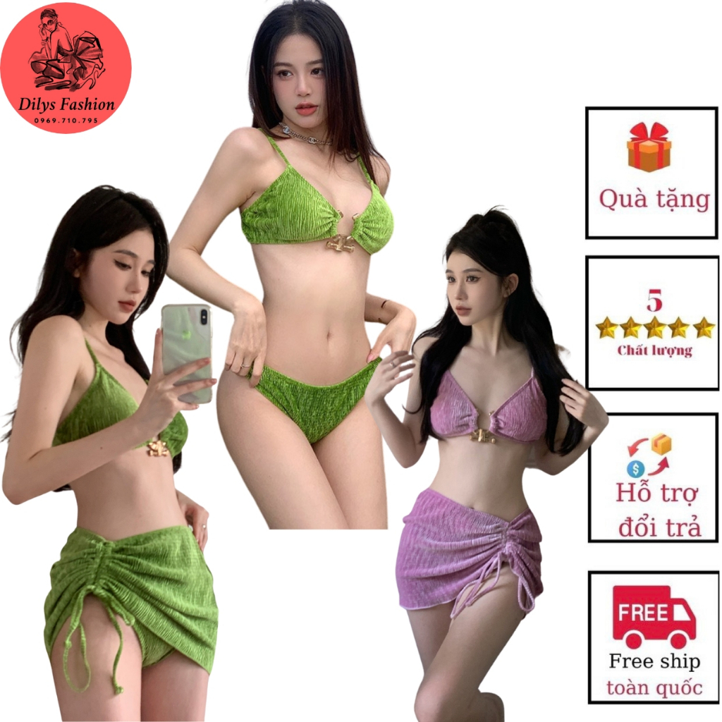 Bikini 3 món đi biển DILYSFASHION BK, sét đồ bơi nữ sexy áo 2 dây nâng ngực quần tam giác kèm chân váy nhúm mẫu hót 2023