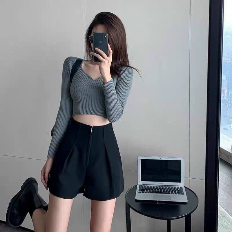 Quần sooc đùi khóa kéo cạp cao basic chất tuyết mưa