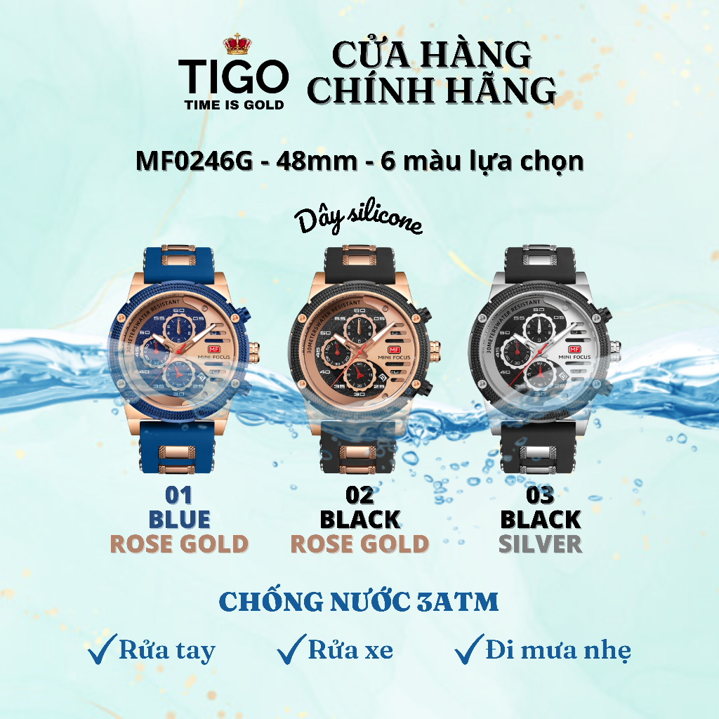 Đồng Hồ Nam MINI FOCUS MF0246G.03 Dây Silicone Đen Mặt Bạc Thép Không Gỉ Cao Cấp Mặt Tròn Đường Kính 48mm Chống Nước