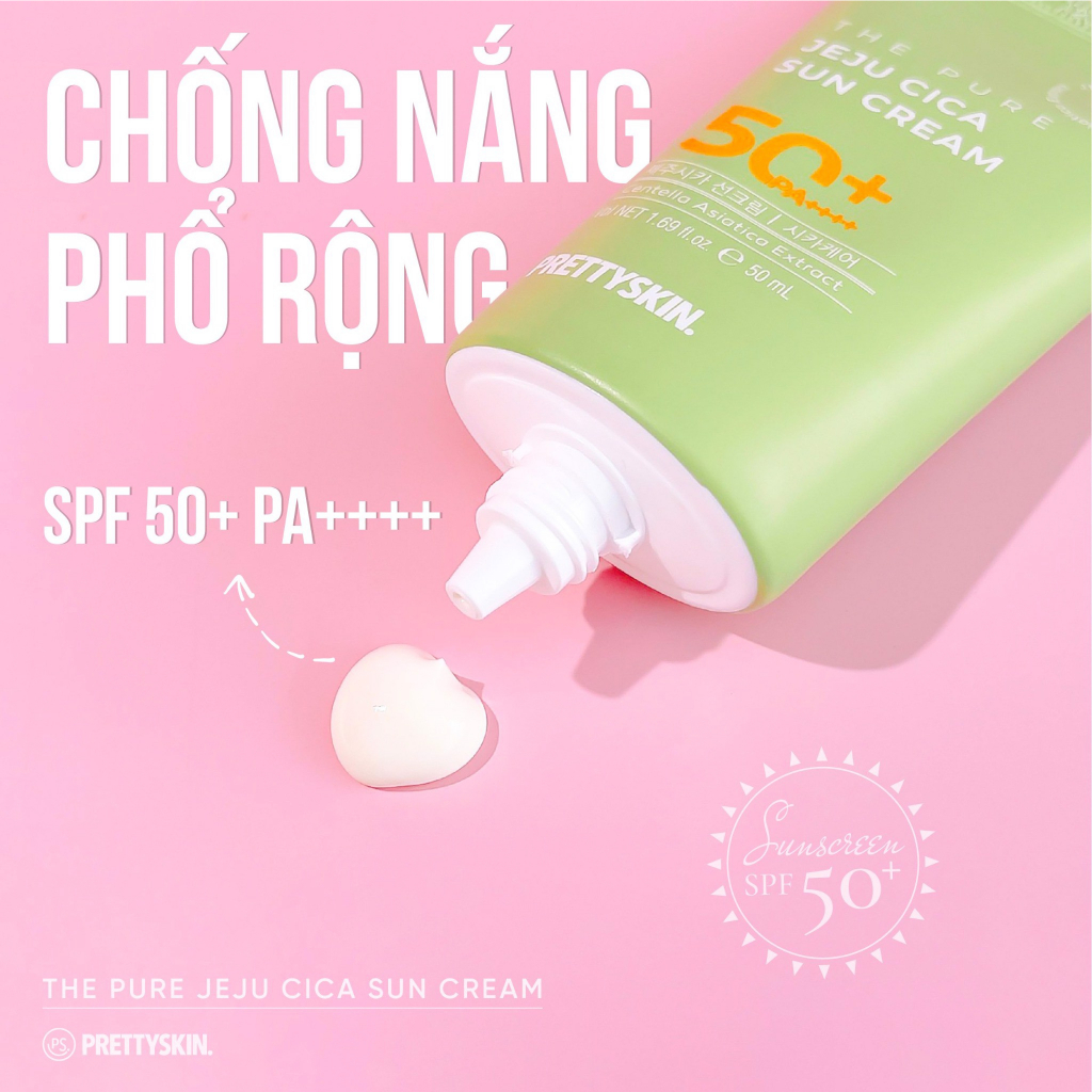 Kem Chống Nắng Rau Má JEJU CICA PRETTYSKIN, Không Gây Bết Dính, Cho Cả Da Nhạy Cảm SPF50+ PA++++ 50ml