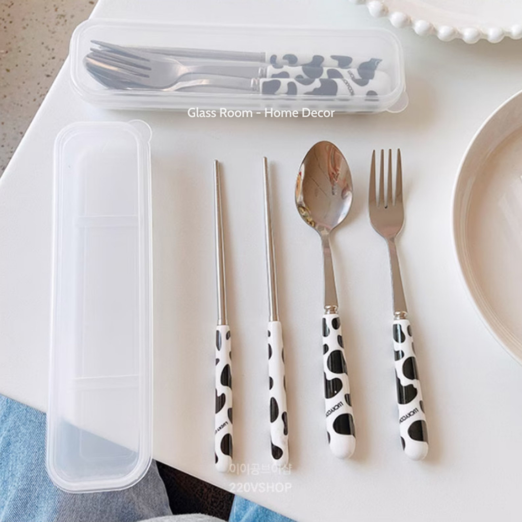 Bộ Thìa Đũa Dĩa Ăn Hoa Quả Bộ Đồ Ăn Cá Nhân hoạ tiết bò sữa