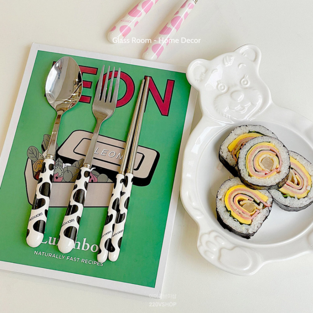 Bộ Thìa Đũa Dĩa Ăn Hoa Quả Bộ Đồ Ăn Cá Nhân hoạ tiết bò sữa