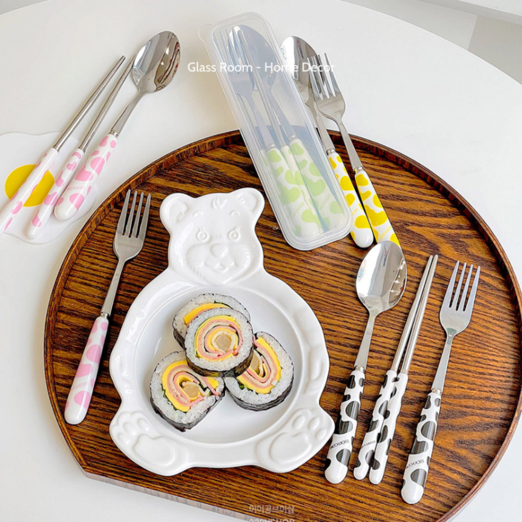 Bộ Thìa Đũa Dĩa Ăn Hoa Quả Bộ Đồ Ăn Cá Nhân hoạ tiết bò sữa