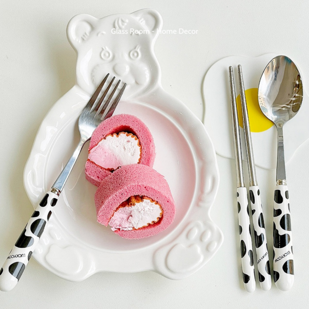 Bộ Thìa Đũa Dĩa Ăn Hoa Quả Bộ Đồ Ăn Cá Nhân hoạ tiết bò sữa