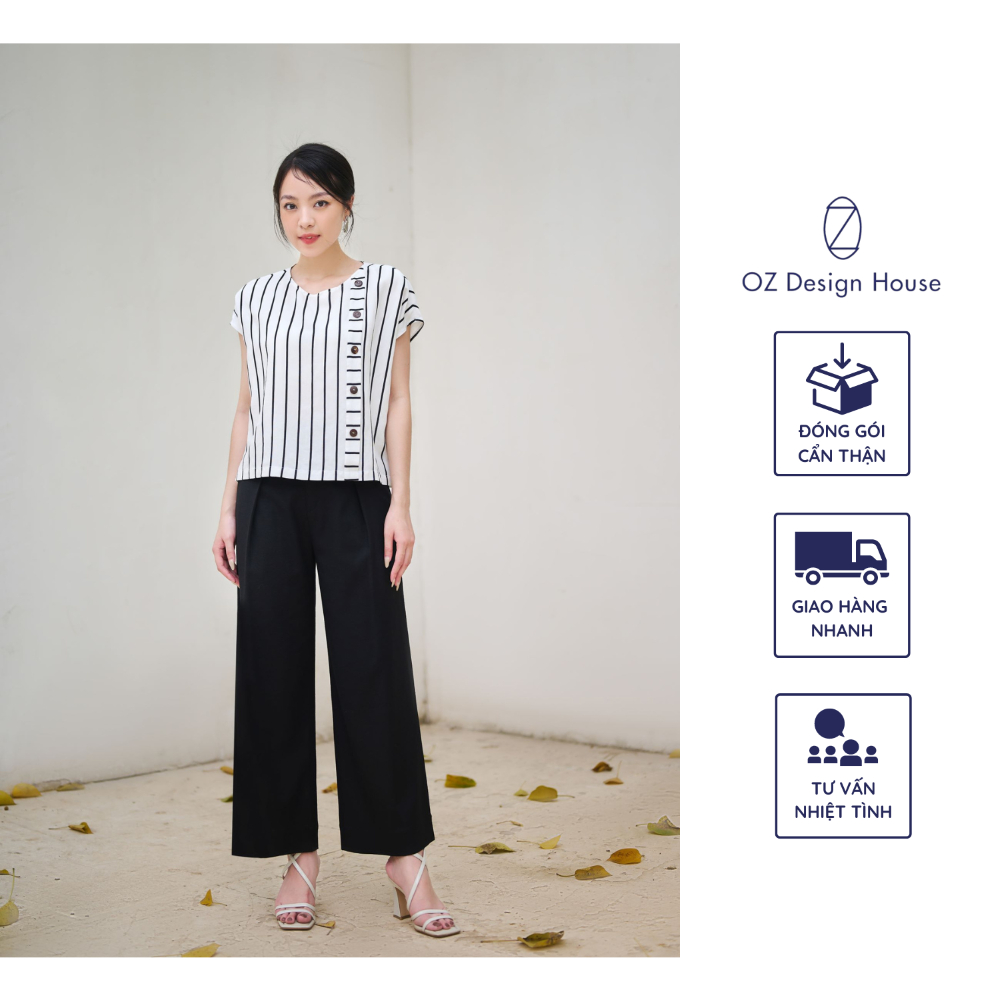 Áo nữ OZ Design House AO20745XHE23 linen lụa cổ tròn tay chờm màu trắng kẻ đen