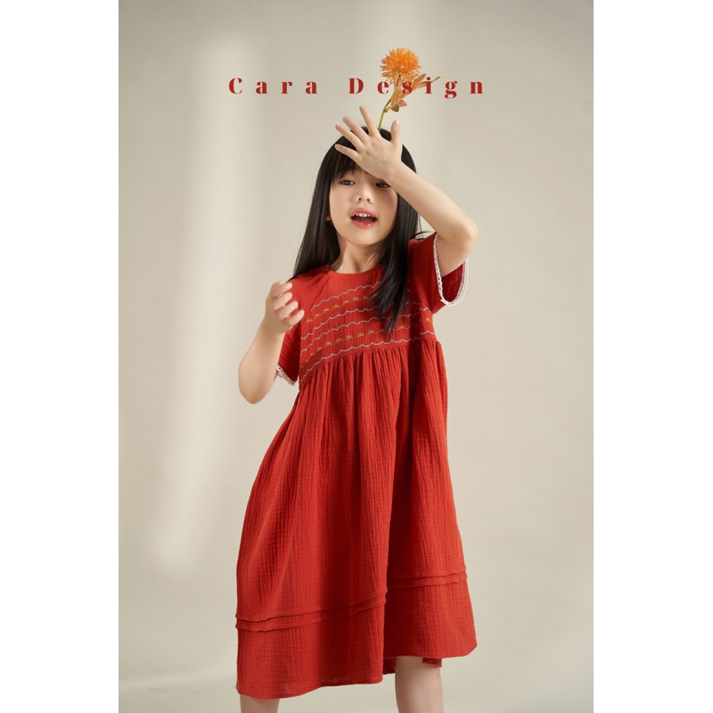 Váy đầm bé gái muslin đỏ cam thêu