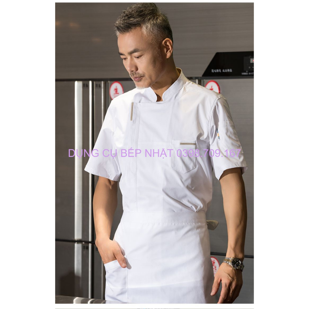 Quần áo làm việc đầu bếp khách sạn cao cấp tay ngắn nam phục vụ bếp khách sạn dụng cụ mùa hè màu đen siêu mềm, nhẹ, mỏng